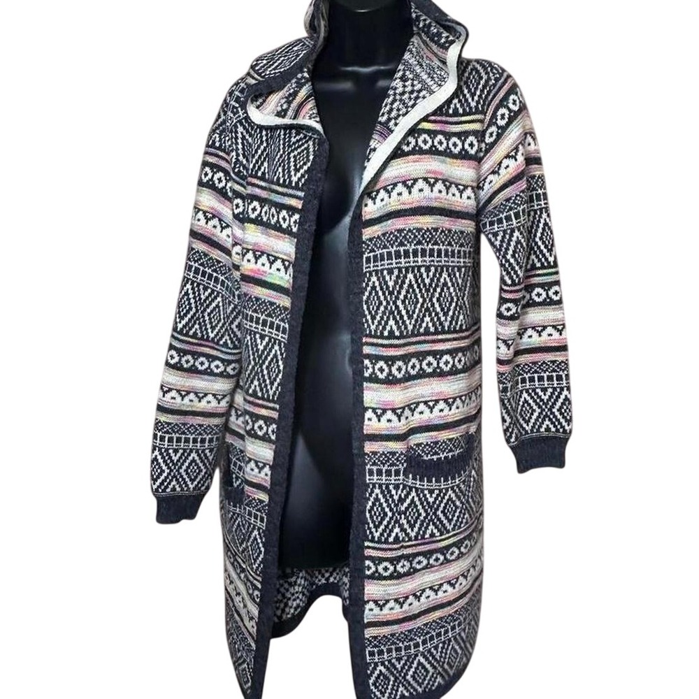 Springtime Women's‎ Geometric Long Open Front Hoodie Cardigan with Pockets